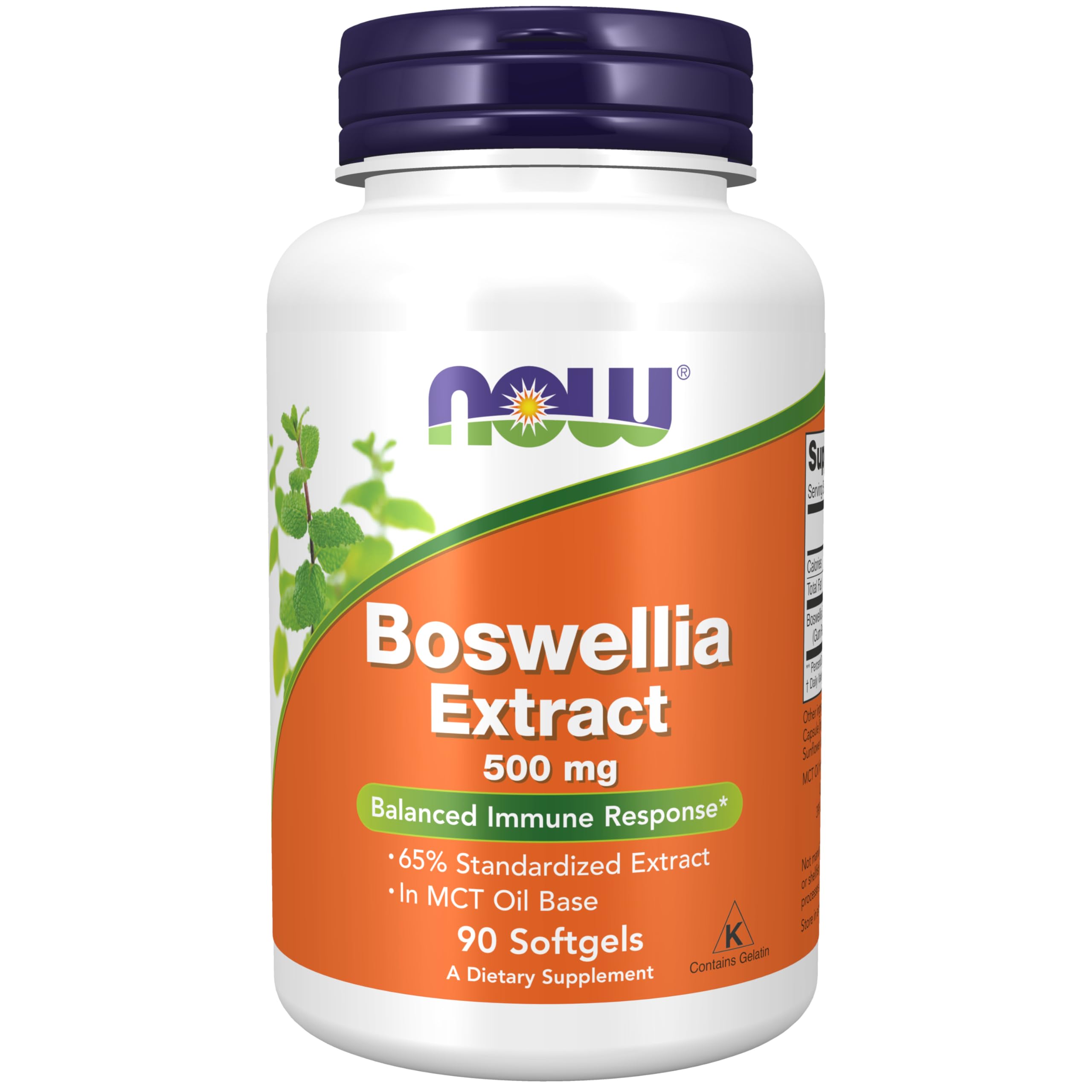 NOW Foods Boswellia softgels close-up showing 500 mg extract for daily immune balance.