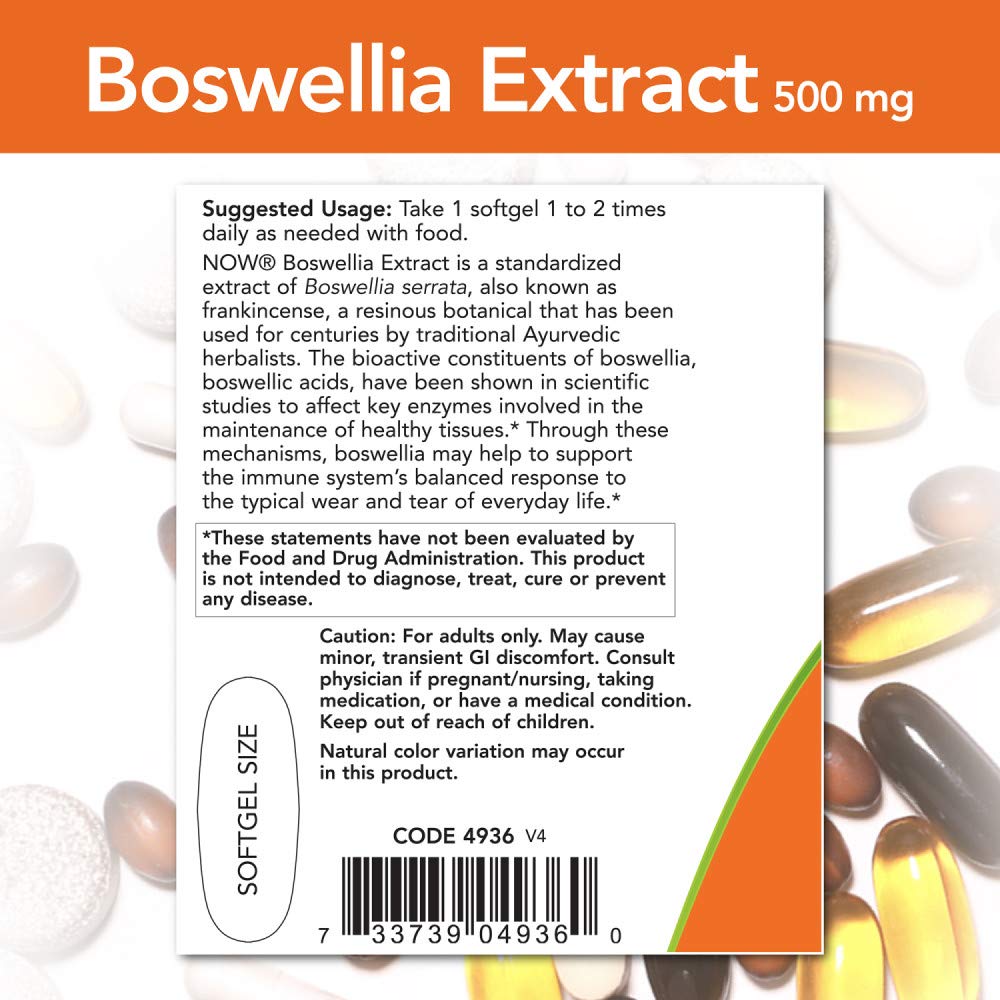 NOW Foods Boswellia extract packaging front indicating potency and quality