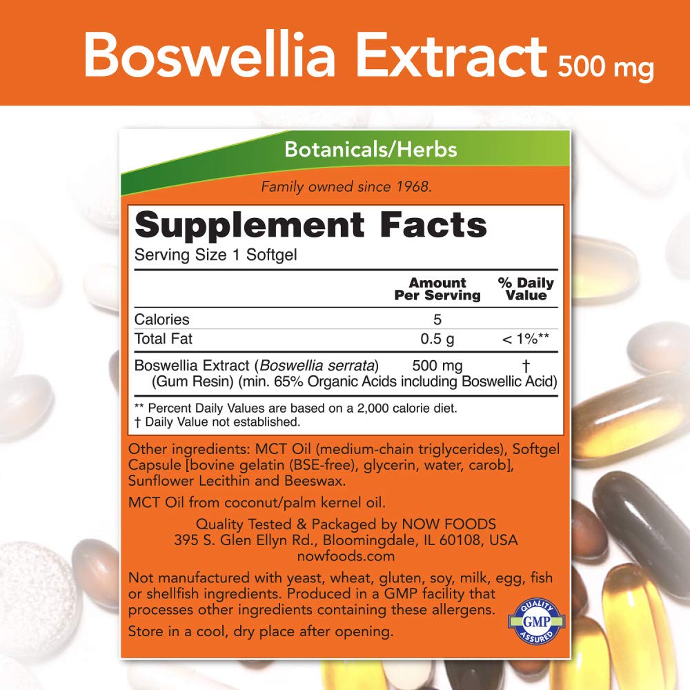 Closeup of NOW Foods Boswellia softgels showing 500 mg potency