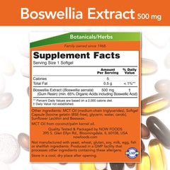 Closeup of NOW Foods Boswellia softgels showing 500 mg potency