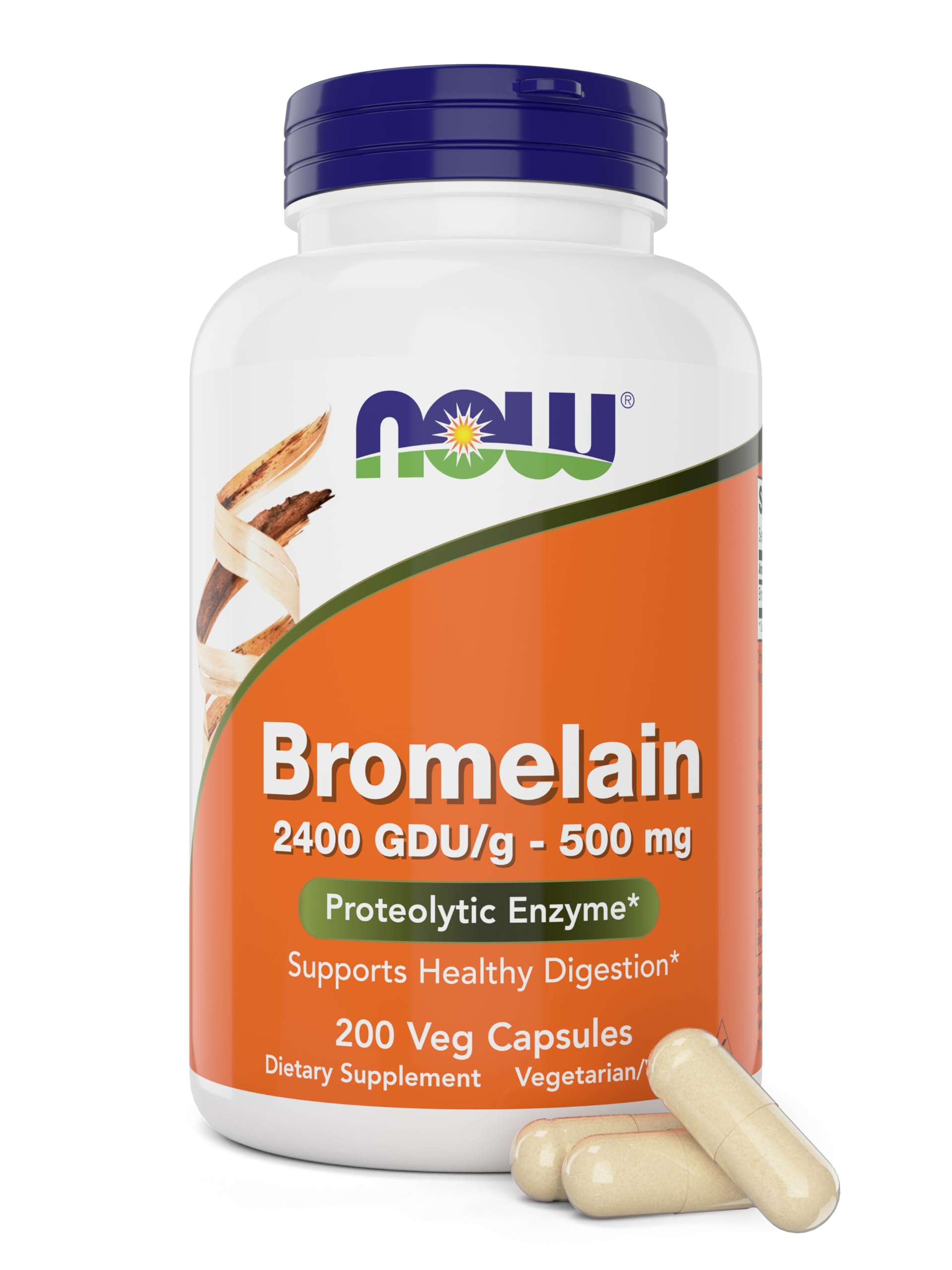 NOW Foods Bromelain 500 mg bottle front with 200 vegan capsules for daily digestive support.