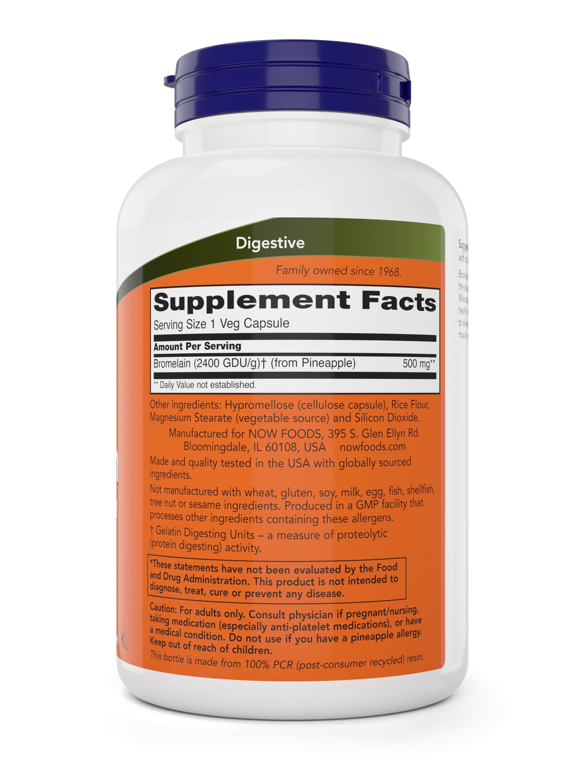 NOW Foods Bromelain 500 mg capsules closeup highlighting plant-based proteolytic enzyme benefits.