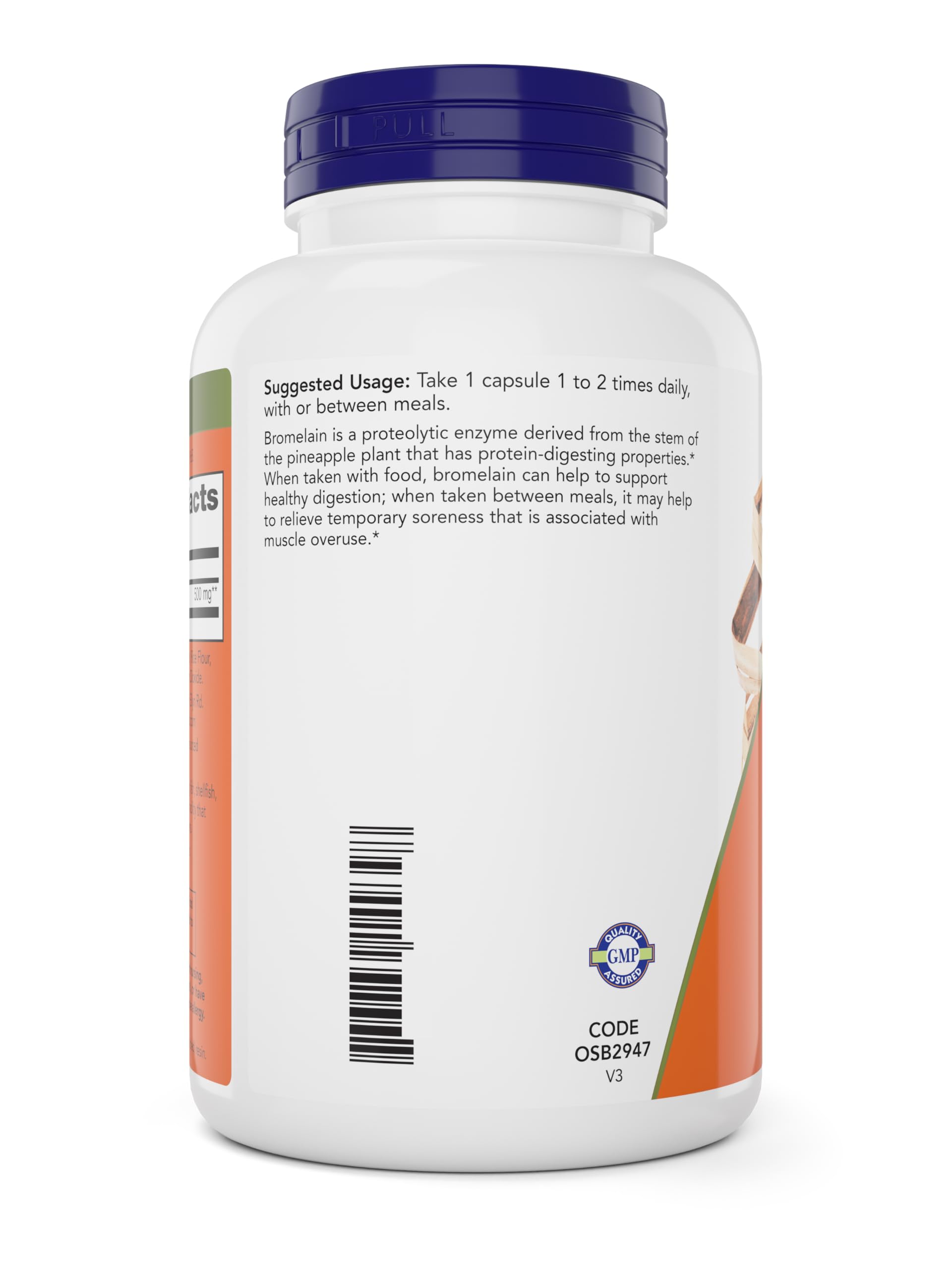 NOW Foods Bromelain 500 mg label close-up emphasizing pineapple-derived enzyme origins.