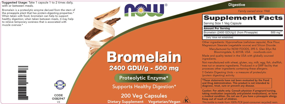 NOW Foods Bromelain 500 mg vegan capsules image showcasing natural digestion support.