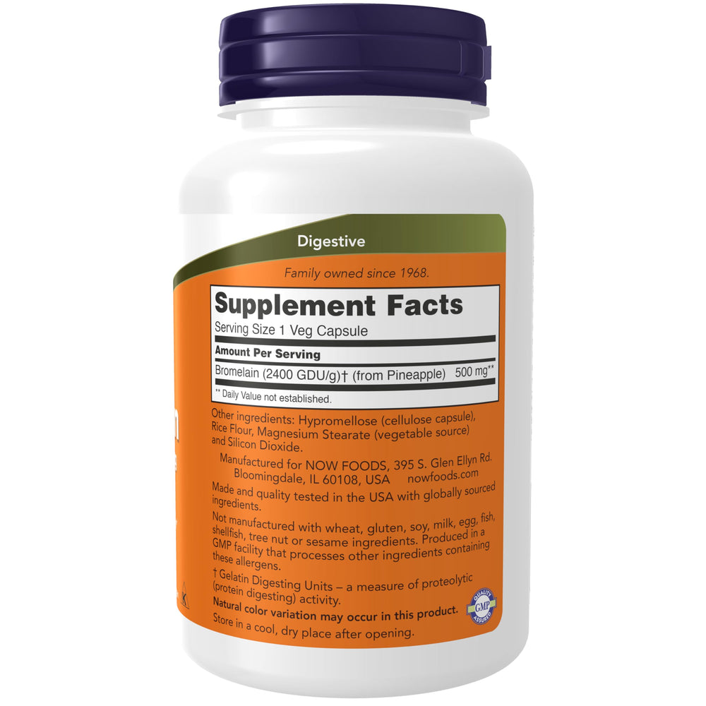 NOW Foods Bromelain capsules label closeup, easy-to-read ingredients for proteolytic enzyme support.