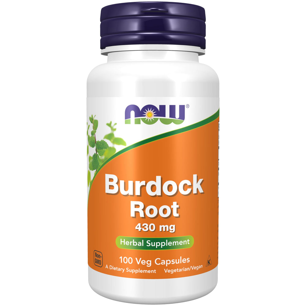 NOW Foods Burdock Root bottle with 430 mg capsules for daily herbal support.