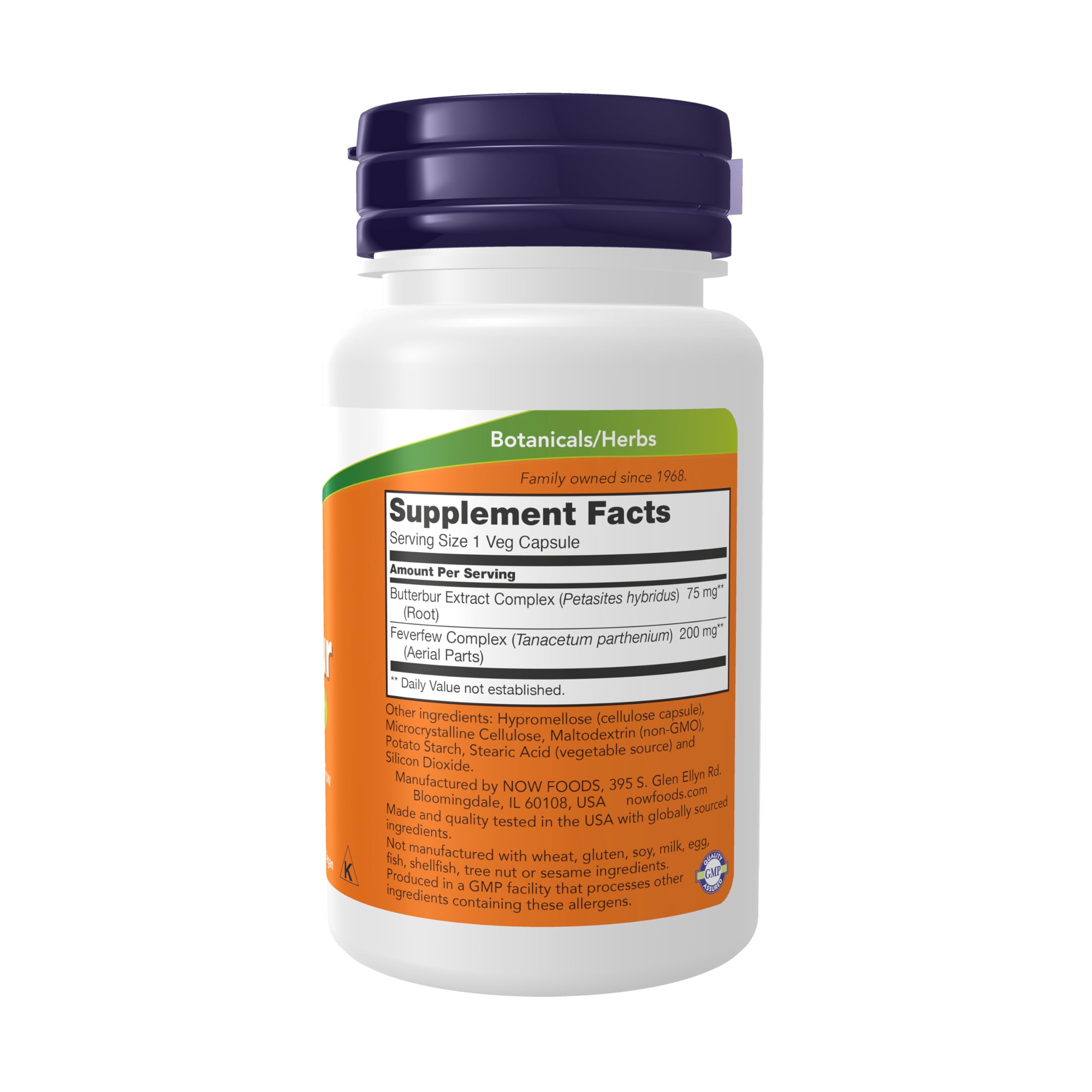 NOW Foods Butterbur bottle label; highlights PA-free formula.
