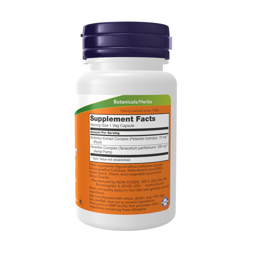 NOW Foods Butterbur bottle label; highlights PA-free formula.