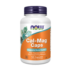 NOW Foods Cal-Mag Caps bottle front showing label and minerals for bone health support