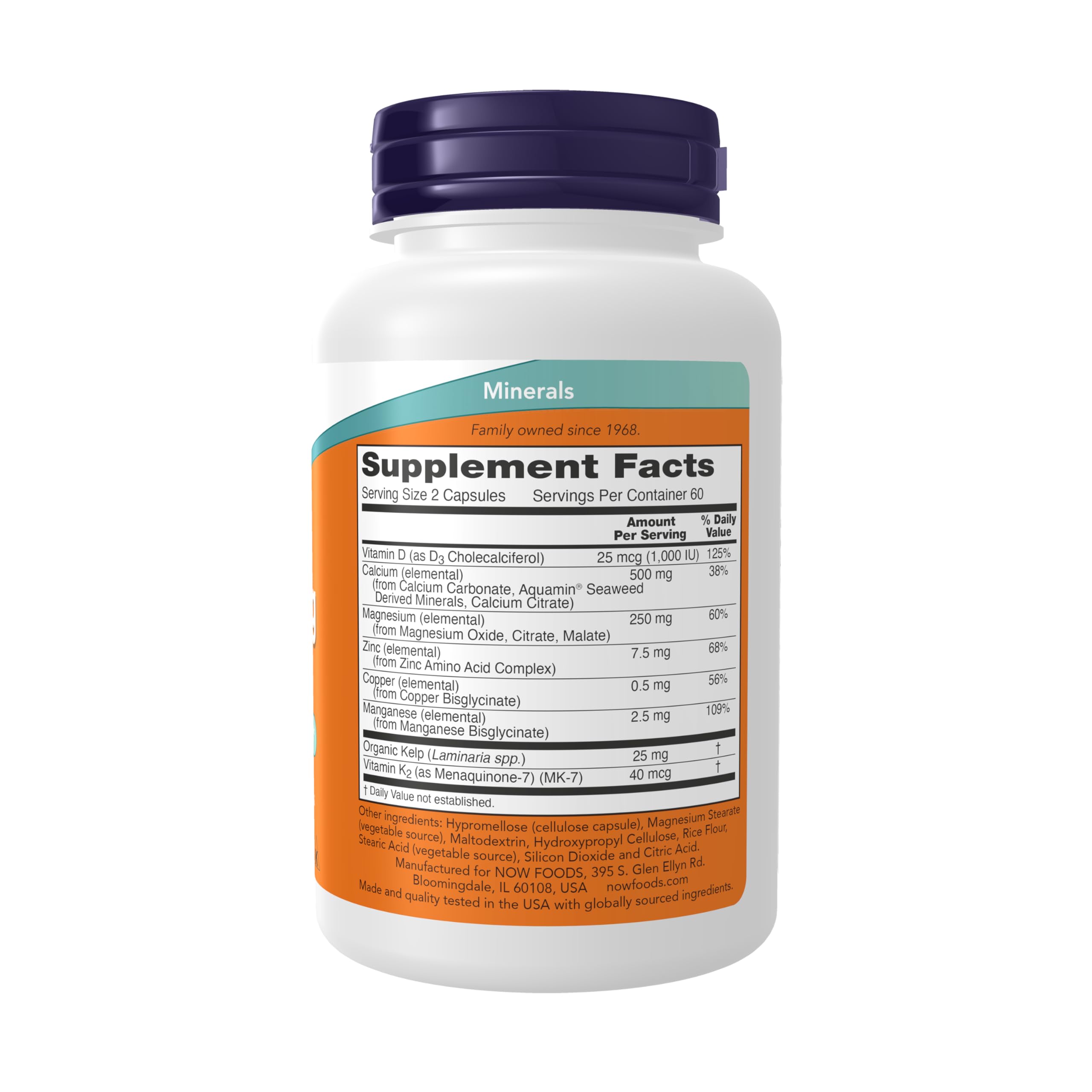 NOW Foods Cal-Mag Caps label close-up highlighting zinc copper and manganese