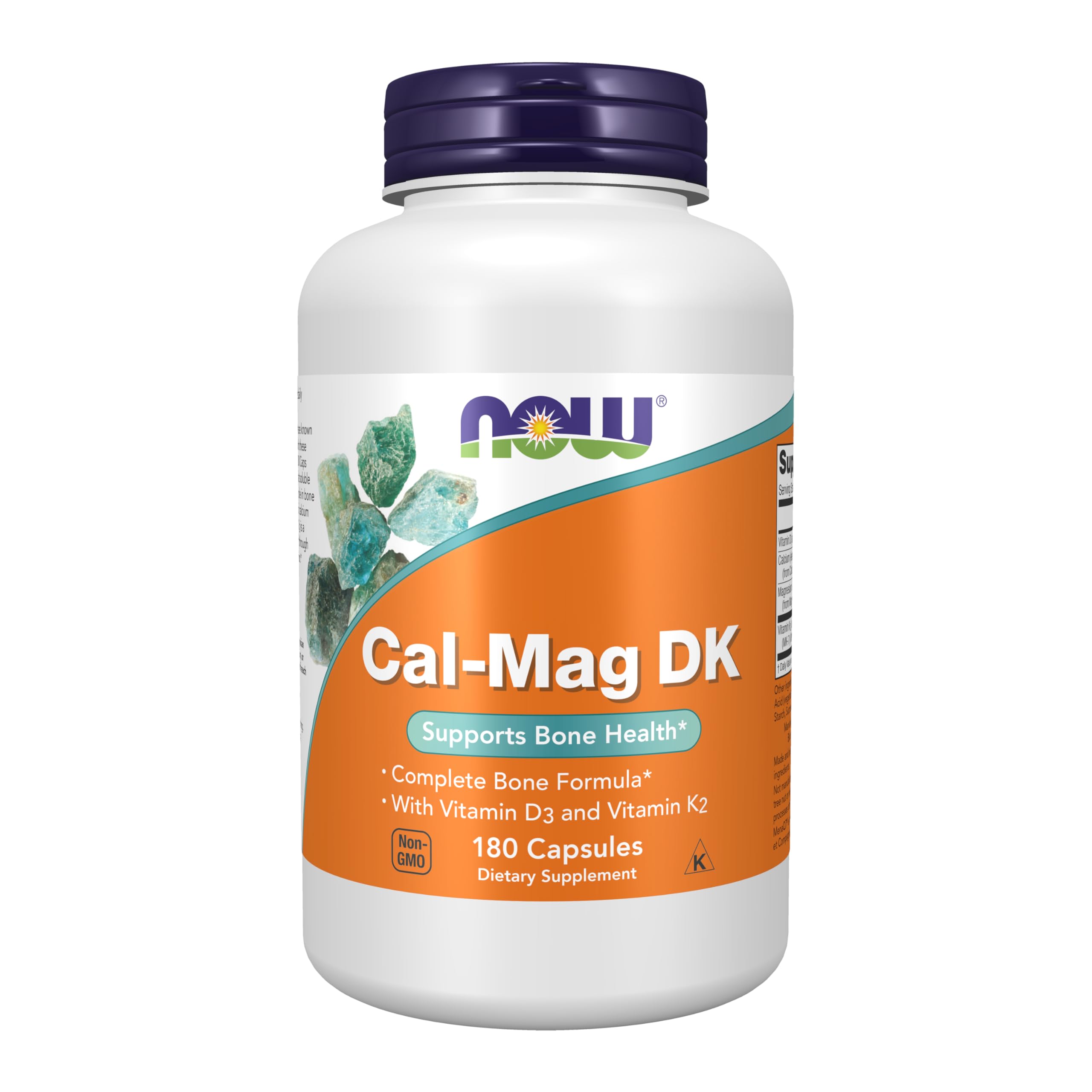 NOW Foods Cal-Mag DK bottle shows calcium and magnesium support for bone health.