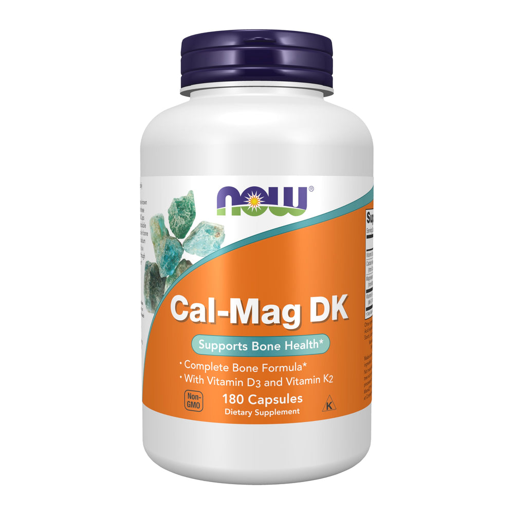 NOW Foods Cal-Mag DK bottle shows calcium and magnesium support for bone health.
