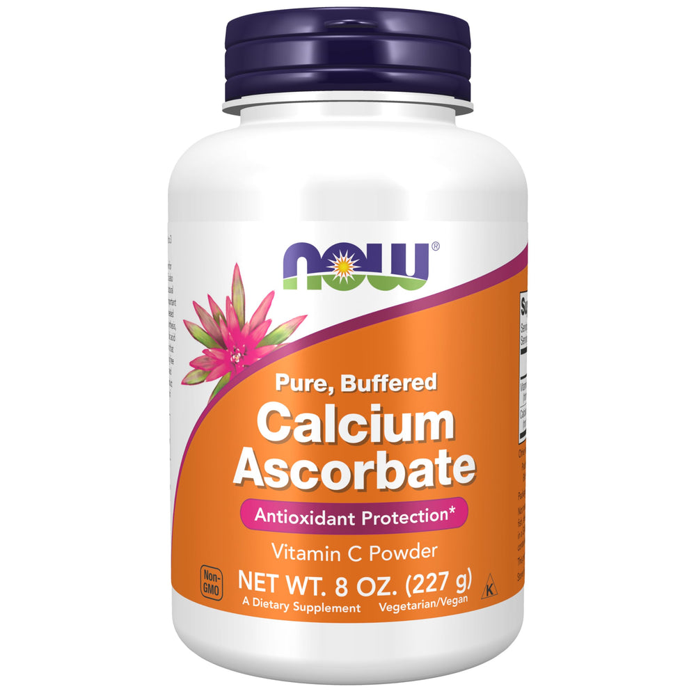 NOW Foods Calcium Ascorbate Powder bottle on shelf, non-acidic vitamin C supplement.
