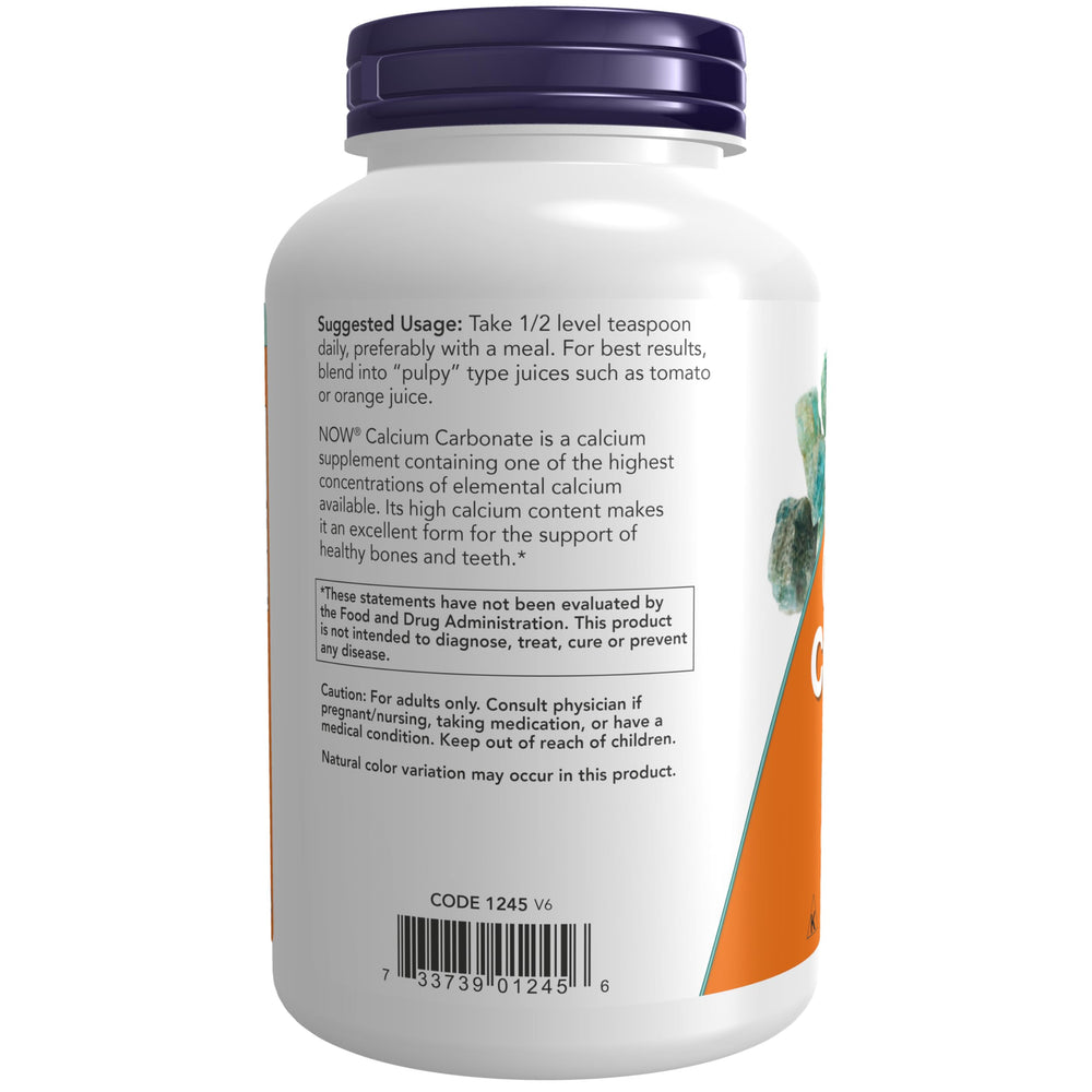 NOW Foods calcium carbonate powder label highlights vegan and kosher certifications.