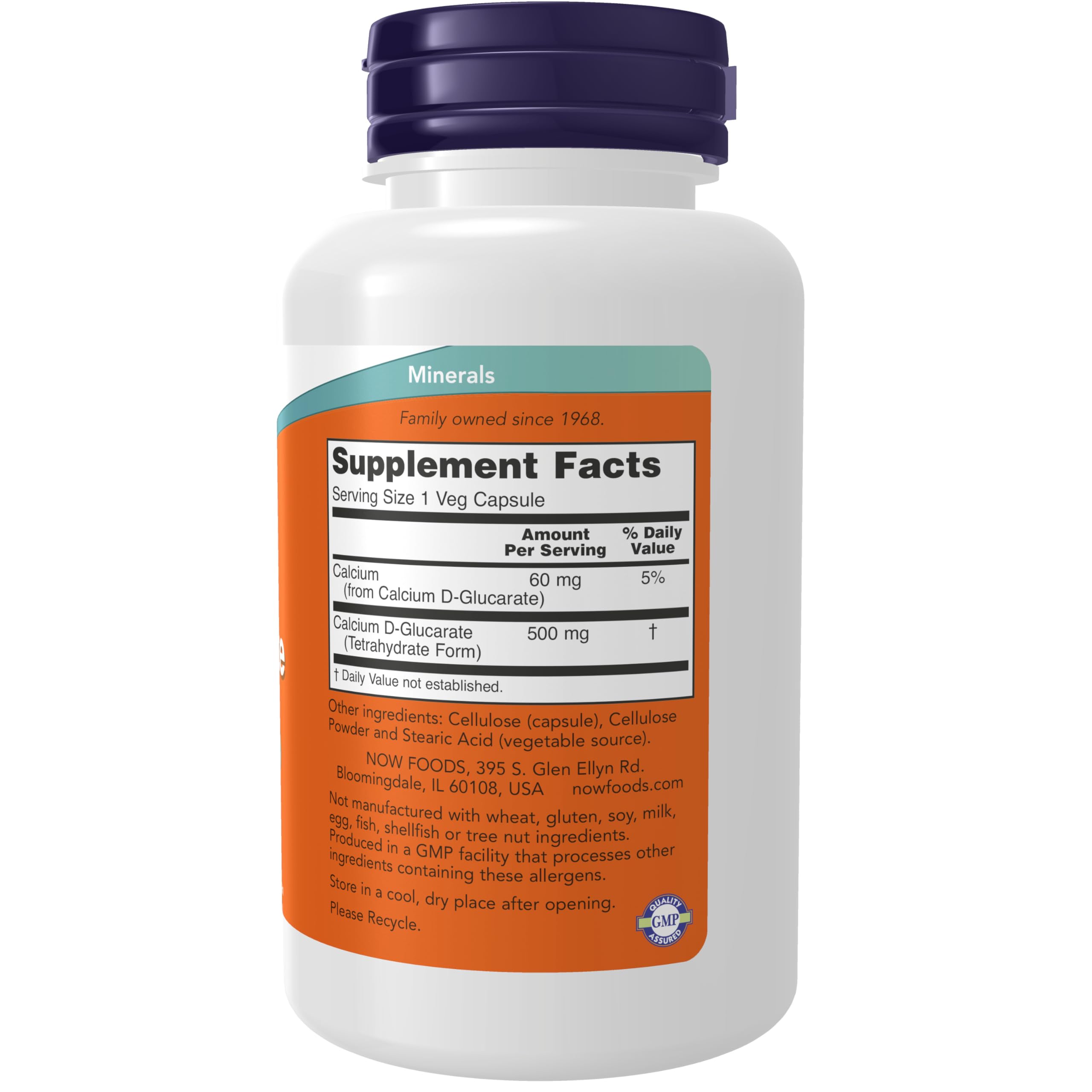 NOW Foods Calcium D-Glucarate 500 mg capsules close-up showing vegan capsules