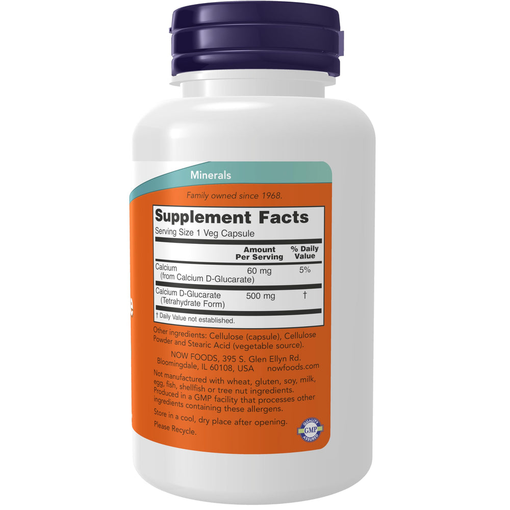 NOW Foods Calcium D-Glucarate 500 mg capsules close-up showing vegan capsules