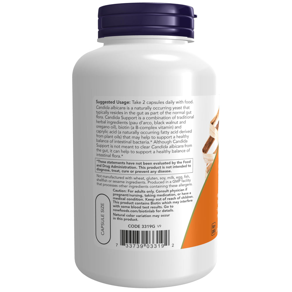 NOW Foods Candida Support Pau D'Arco image highlighting traditional herbal blend for gut balance.