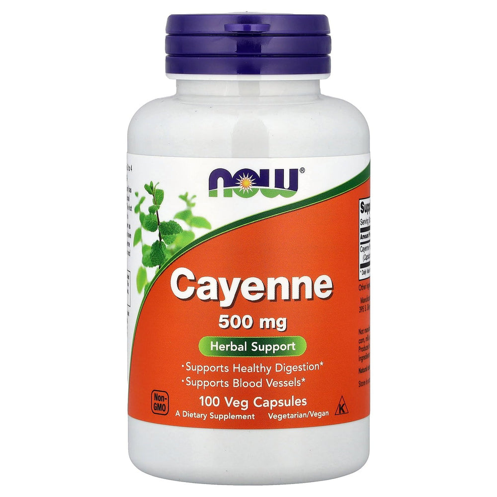 NOW Foods Cayenne 500mg bottle with 100 vegetarian capsules for daily use.