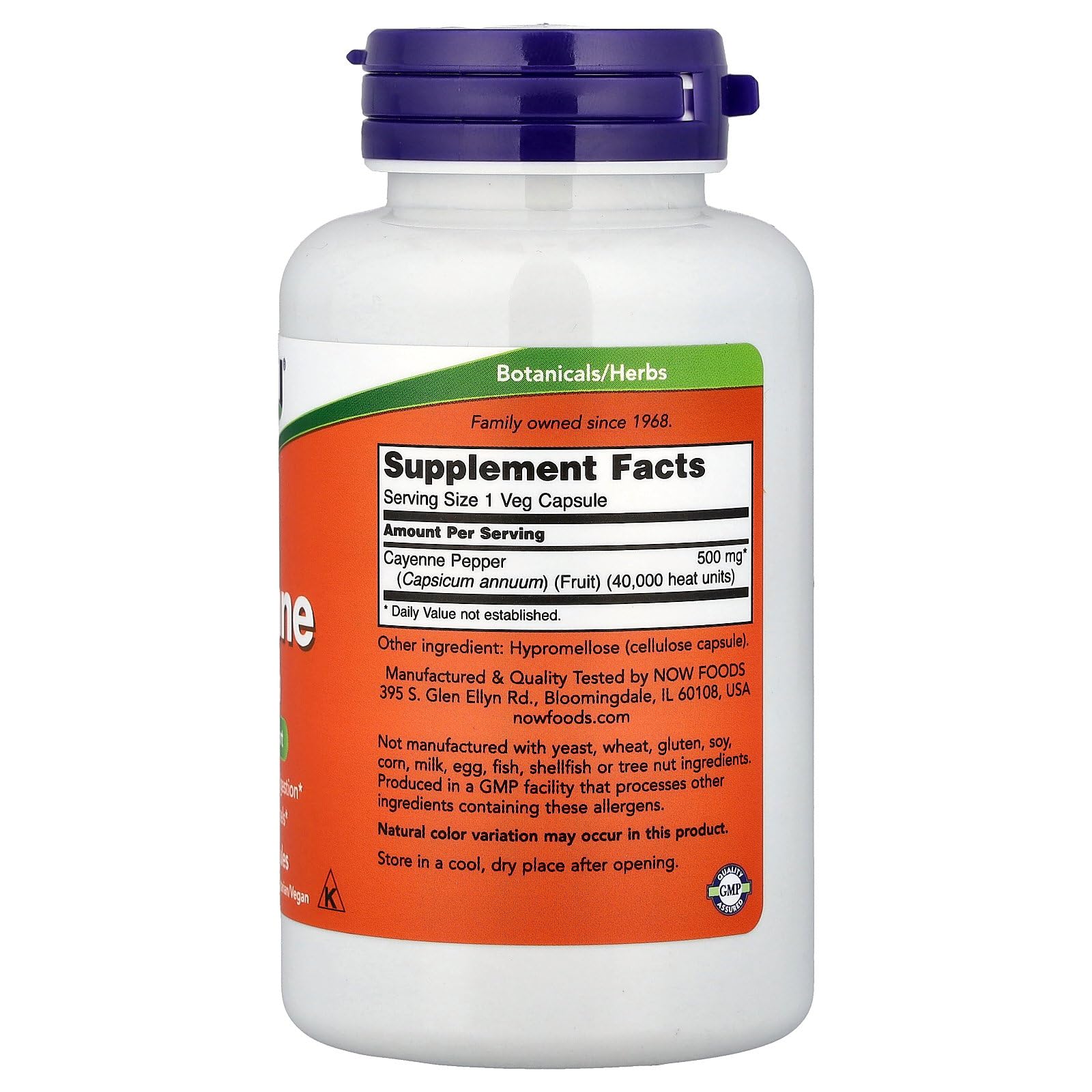 NOW Foods Cayenne 500mg capsules closeup for convenient daily use.