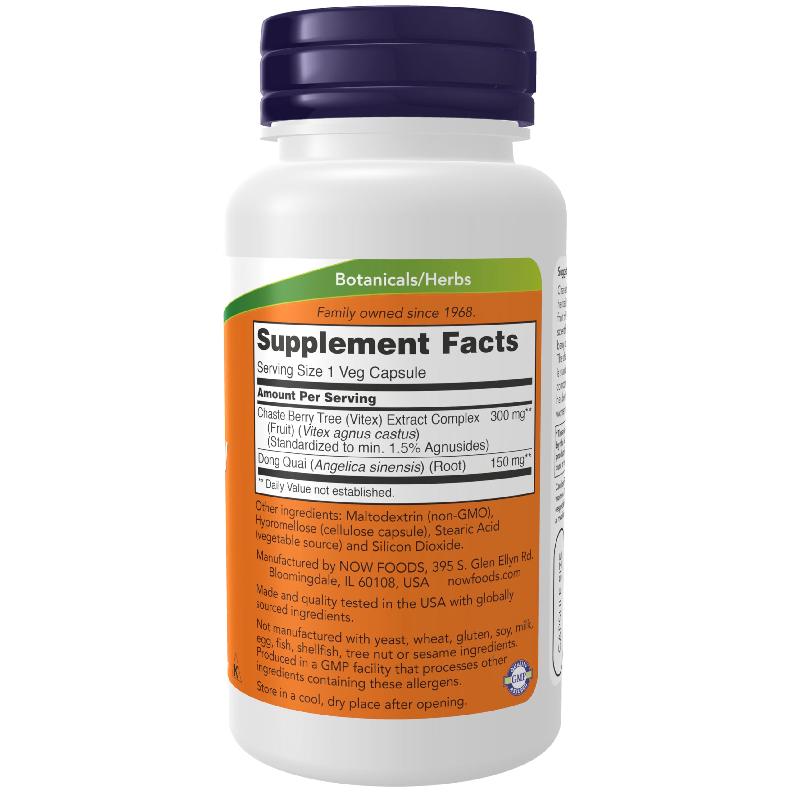 NOW Foods Vitex agnus-castus label close-up showing standardized agnusides for potency