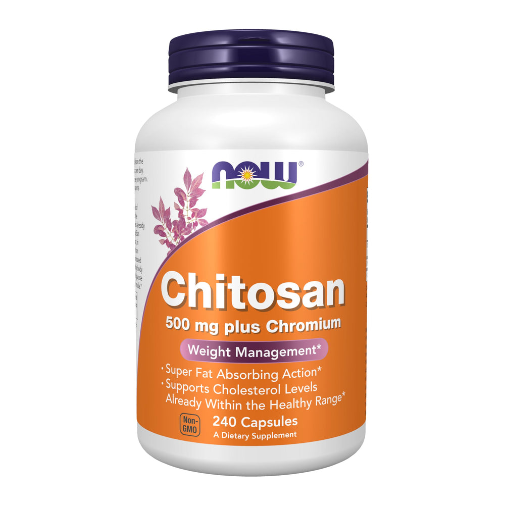 NOW Foods Chitosan 500mg with chromium bottle shows compact capsules for daily support