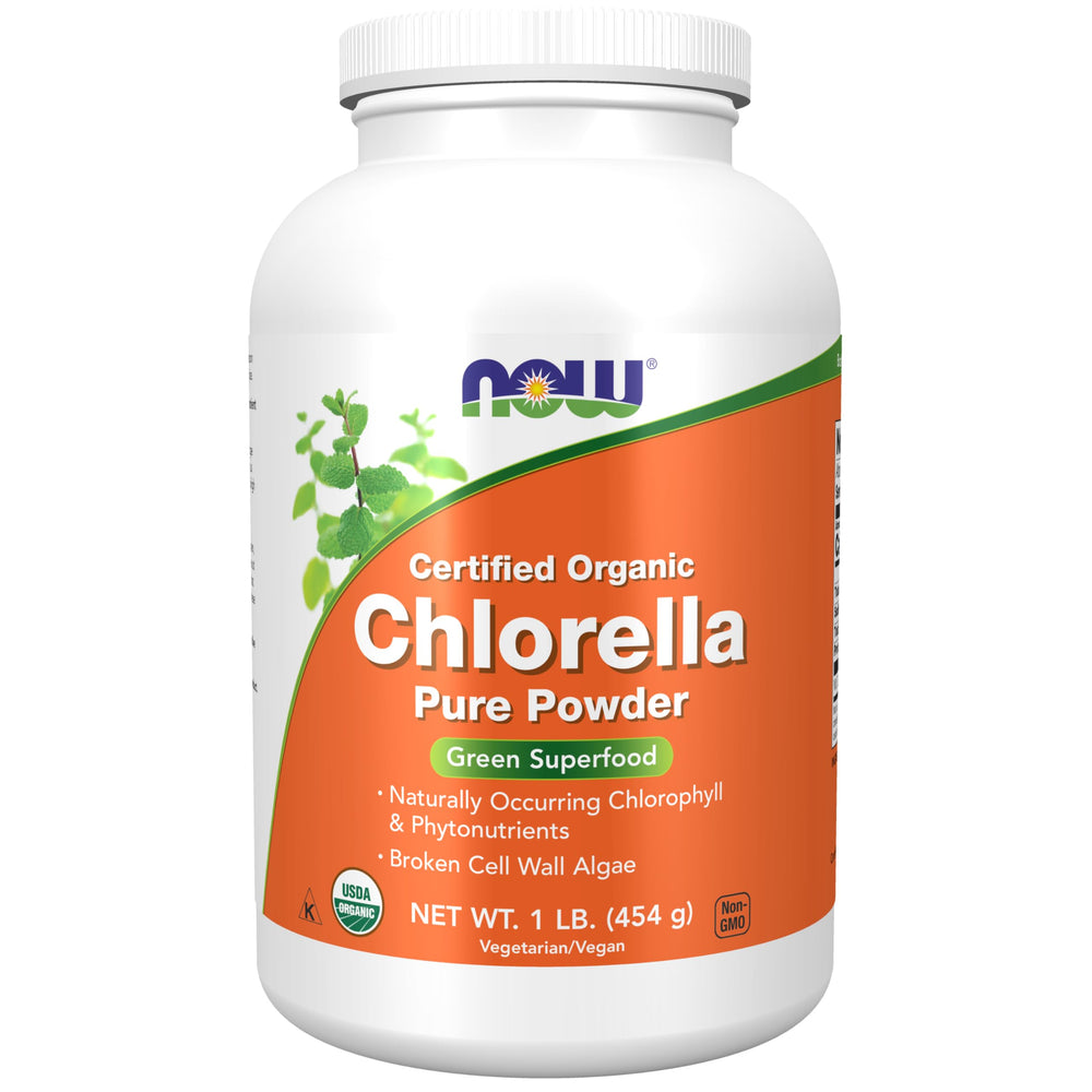 NOW Foods Chlorella powder bottle for daily greens boost.