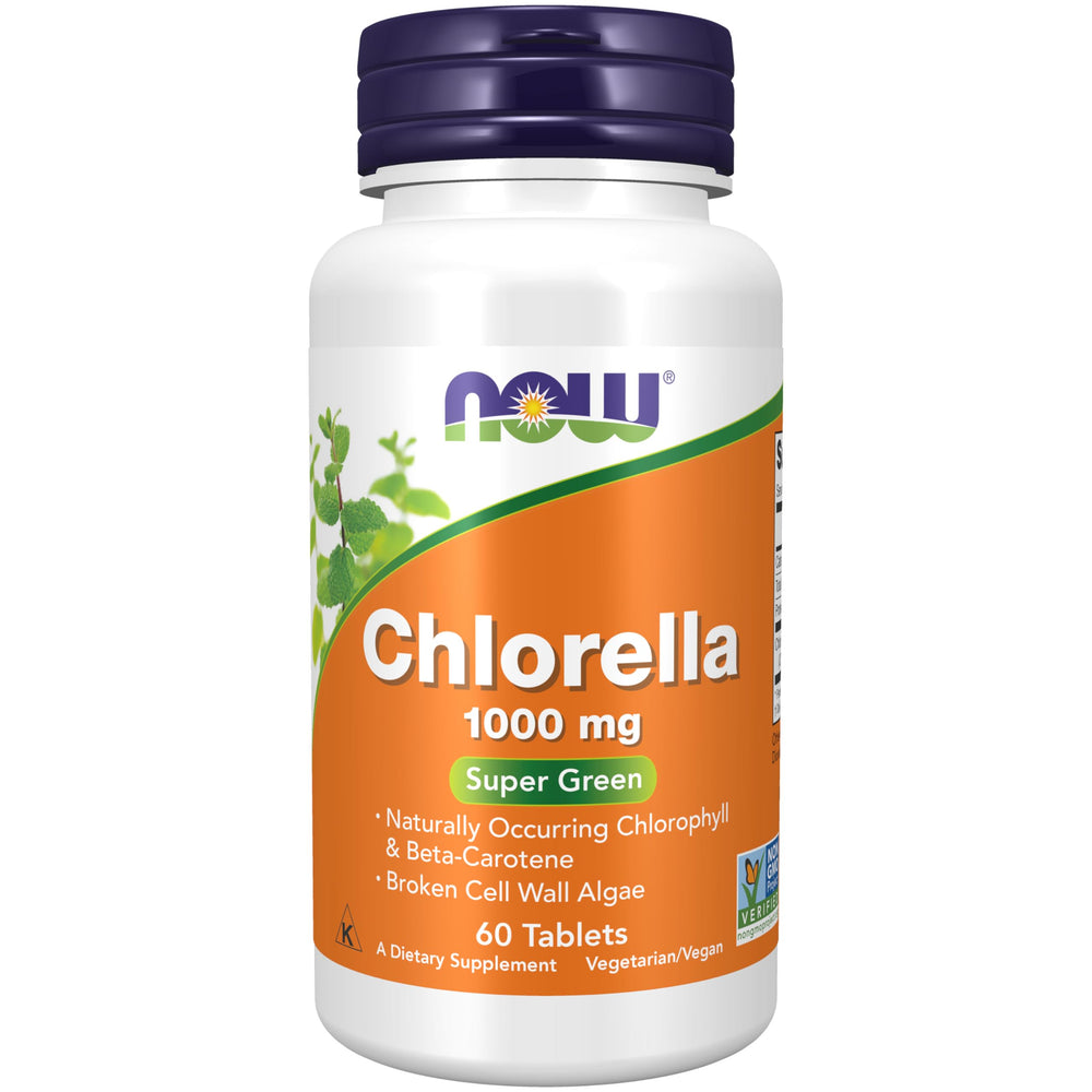 NOW Foods Clorela en botella con tabletas verdes, apoyo nutricional diario.