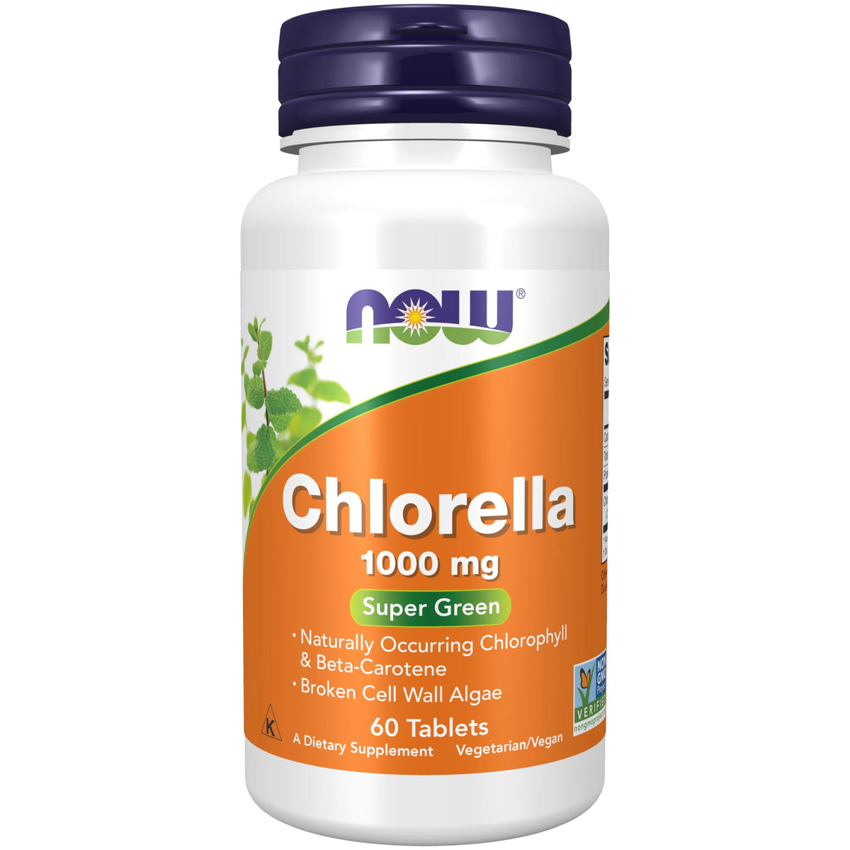 NOW Foods Clorela en botella con tabletas verdes, apoyo nutricional diario.