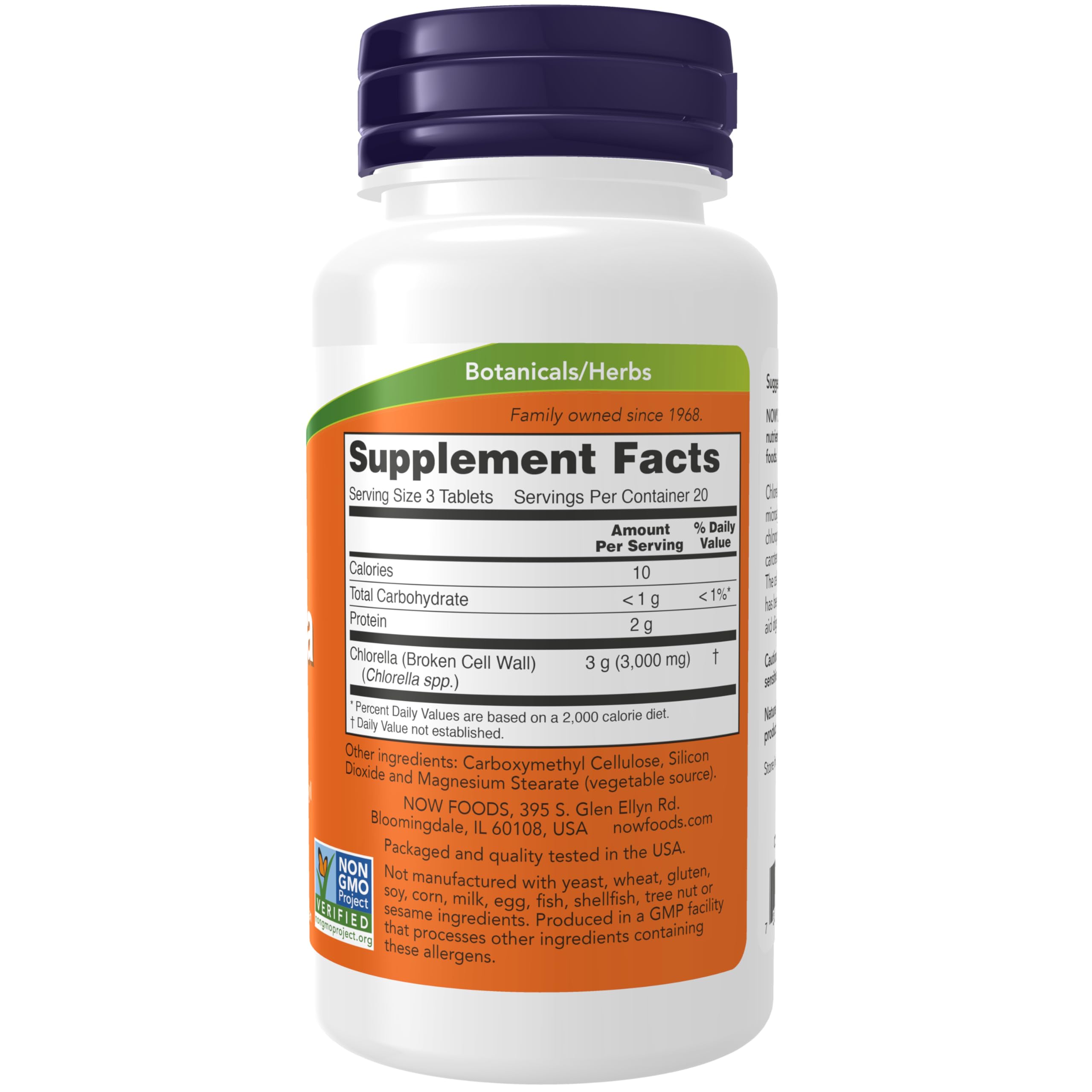 NOW Foods Clorela tabletas verdes en detalle, color natural y nutrientes.