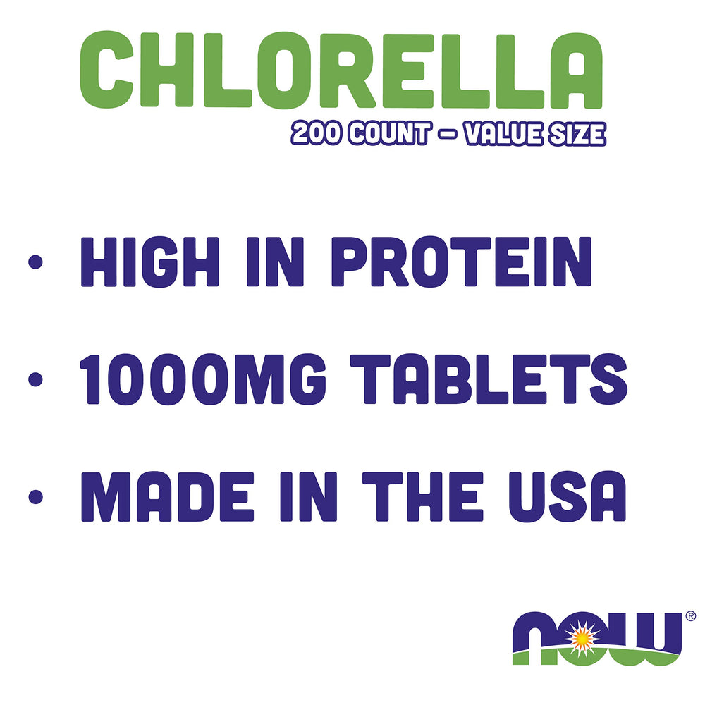 Green NOW Foods chlorella tablets emphasizing natural microalgae nutrition