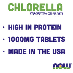 Green NOW Foods chlorella tablets emphasizing natural microalgae nutrition