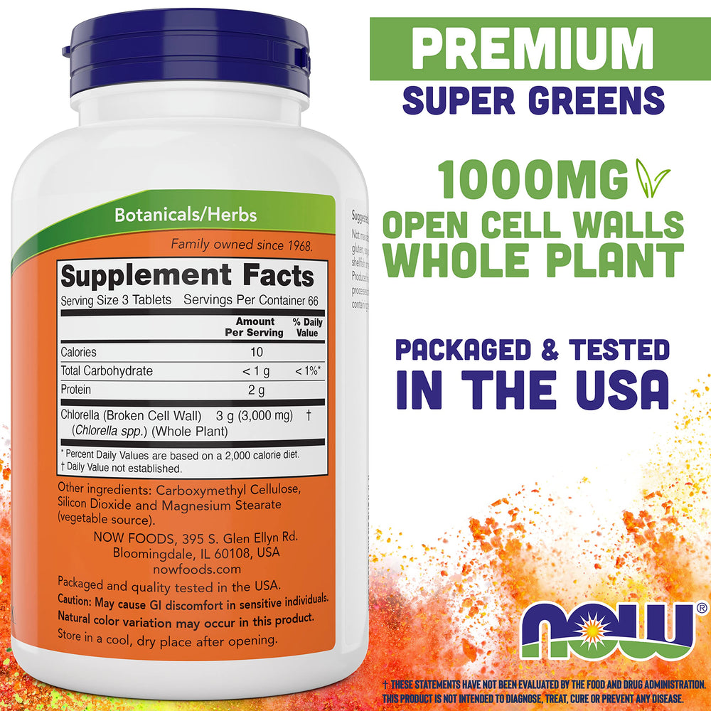 Close up of NOW Foods chlorella label showing vegan and non-GMO status
