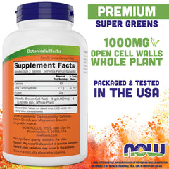 Close up of NOW Foods chlorella label showing vegan and non-GMO status