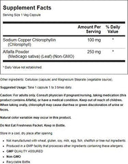 NOW Foods Chlorophyll bottle close-up highlighting free radical scavenger properties