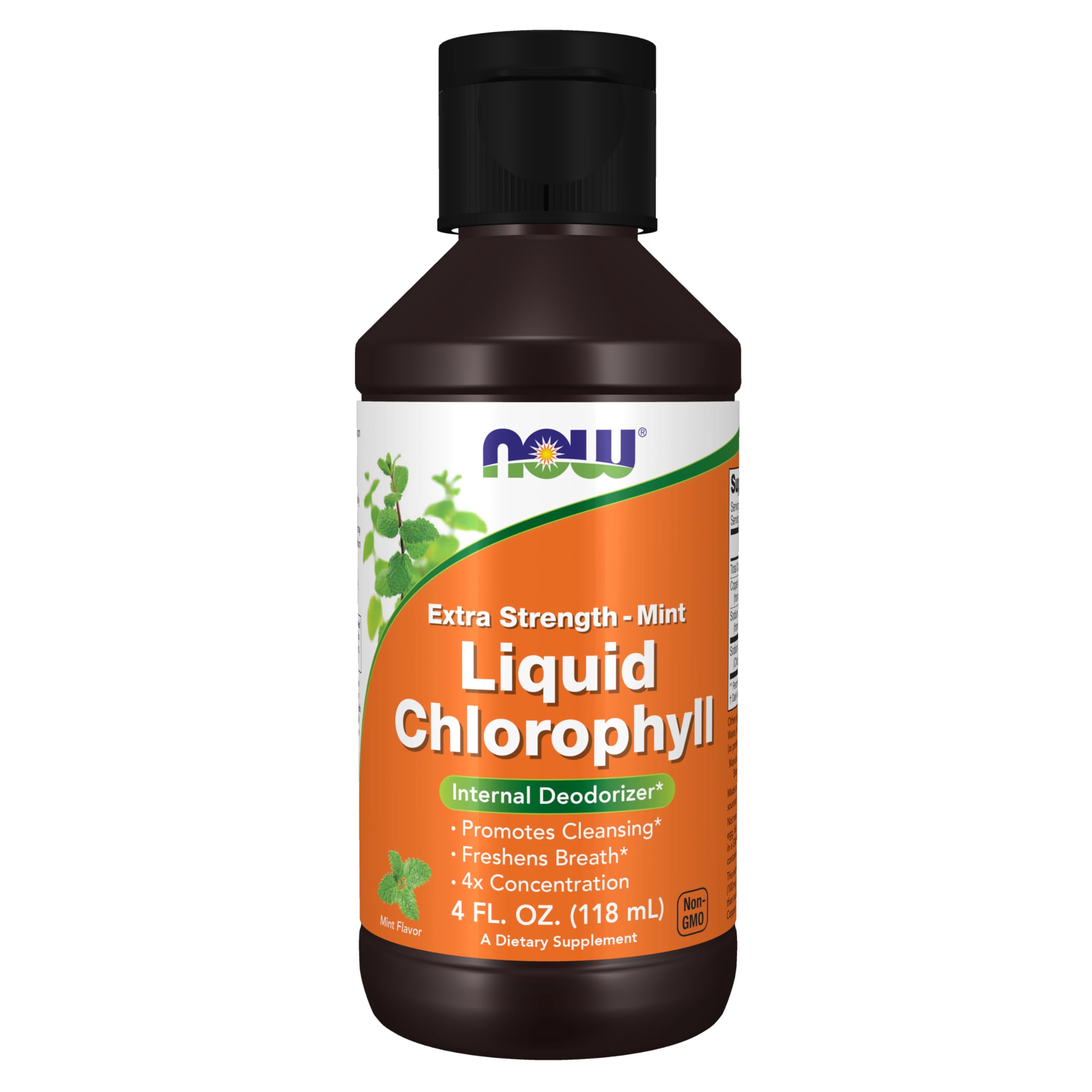 NOW Foods liquid chlorophyll mint bottle highlights 4x concentration for internal deodorizer