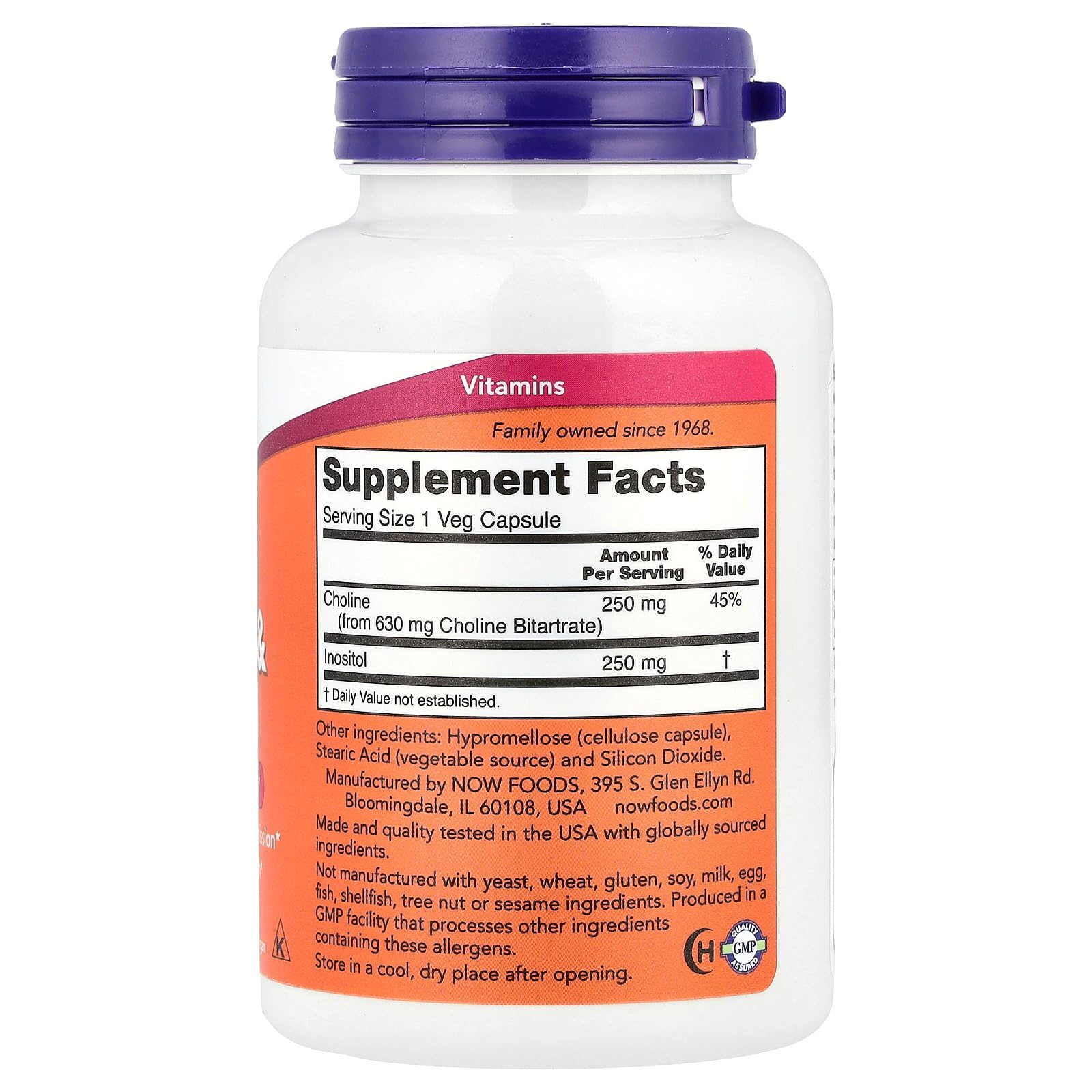 NOW Foods Choline & Inositol 500 mg bottle side view showcasing convenient capsules for daily use