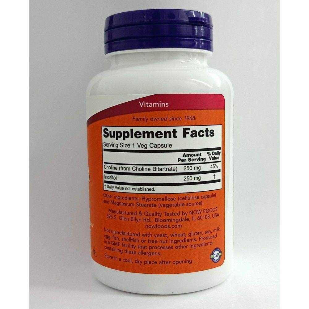 NOW Foods Choline and Inositol 500mg capsules close-up for healthy nerve transmission