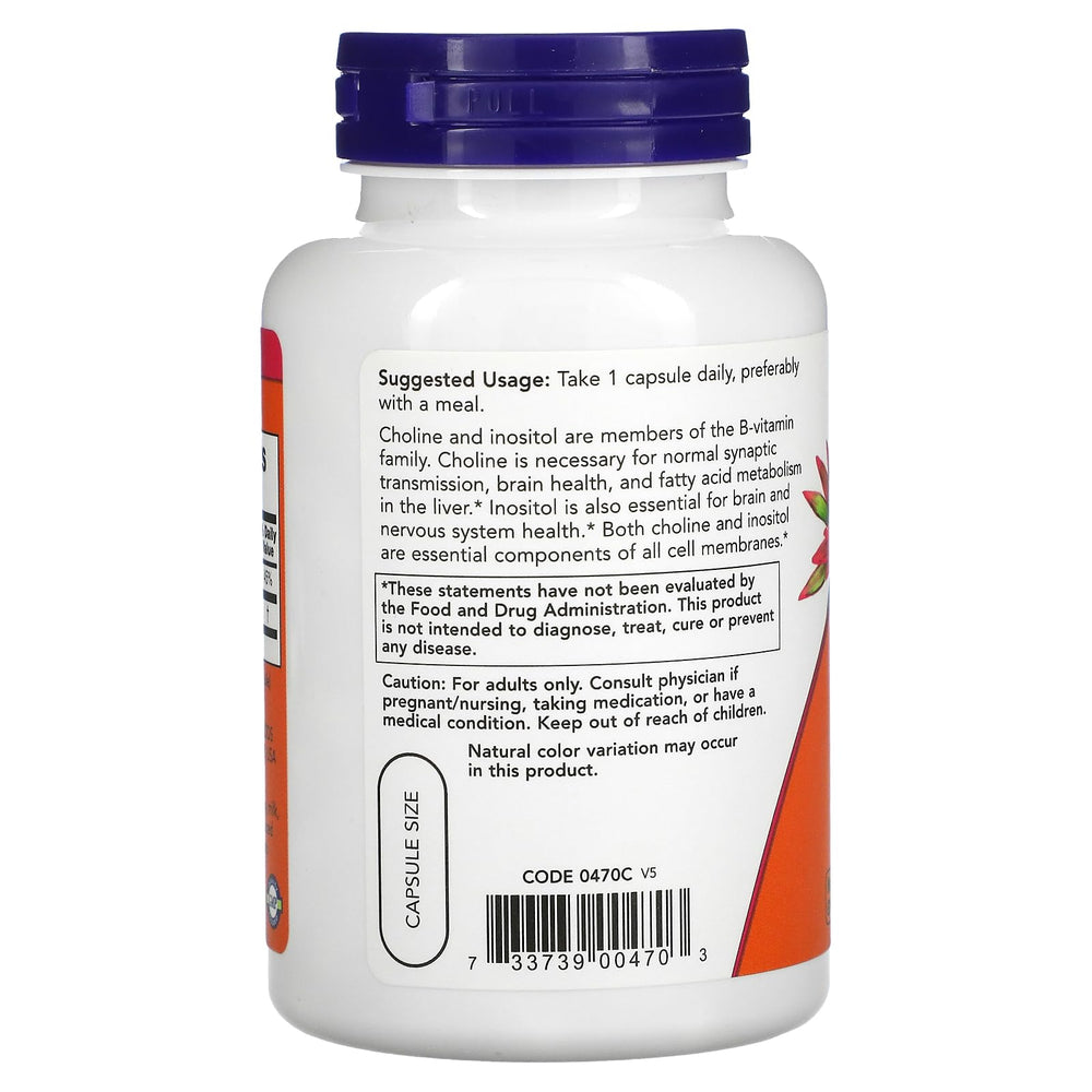 NOW Foods Choline & Inositol 500 mg label close-up emphasizing membrane components