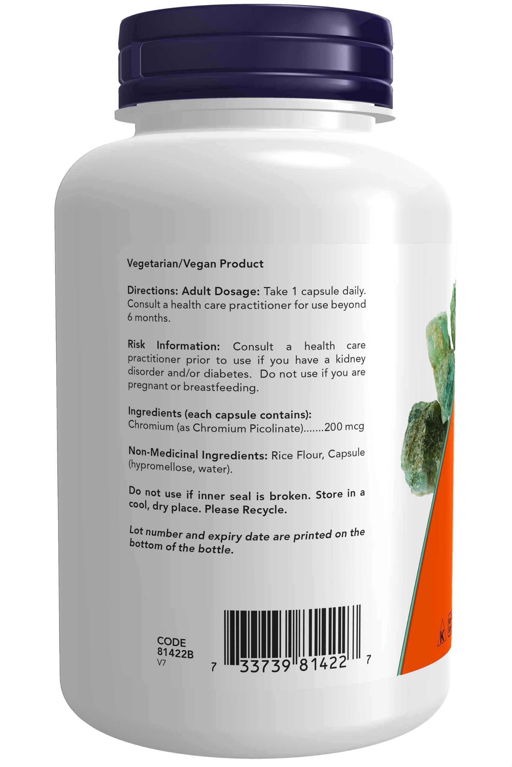 NOW Foods Chromium Picolinate label highlights vegan capsules and gluten-free formulation