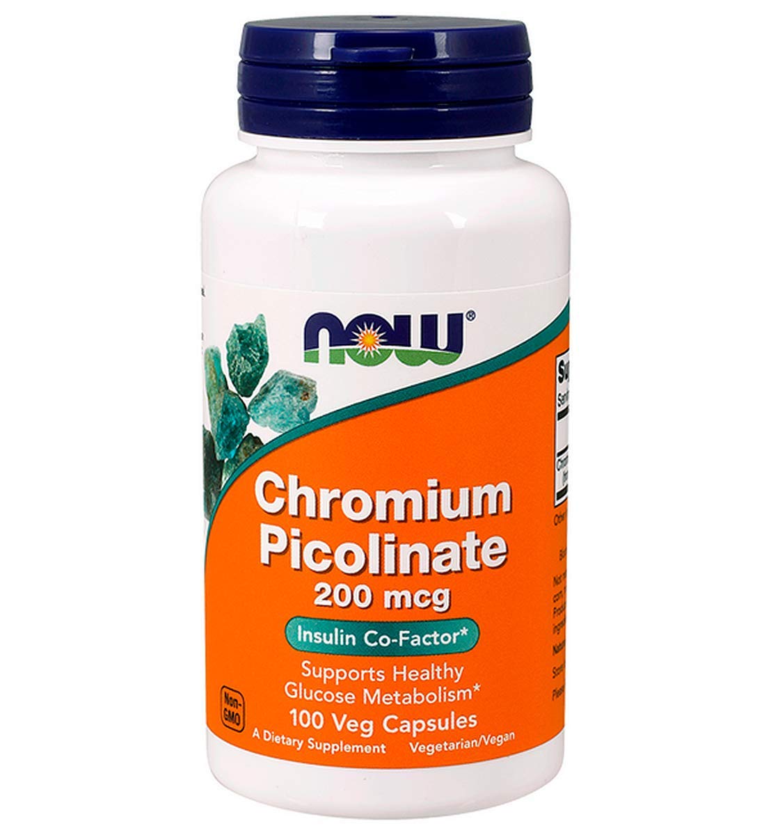 NOW Foods Chromium Picolinate bottle front showing 200 mcg per capsule for gluten-free daily supplementation.