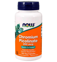 NOW Foods Chromium Picolinate bottle front showing 200 mcg per capsule for gluten-free daily supplementation.