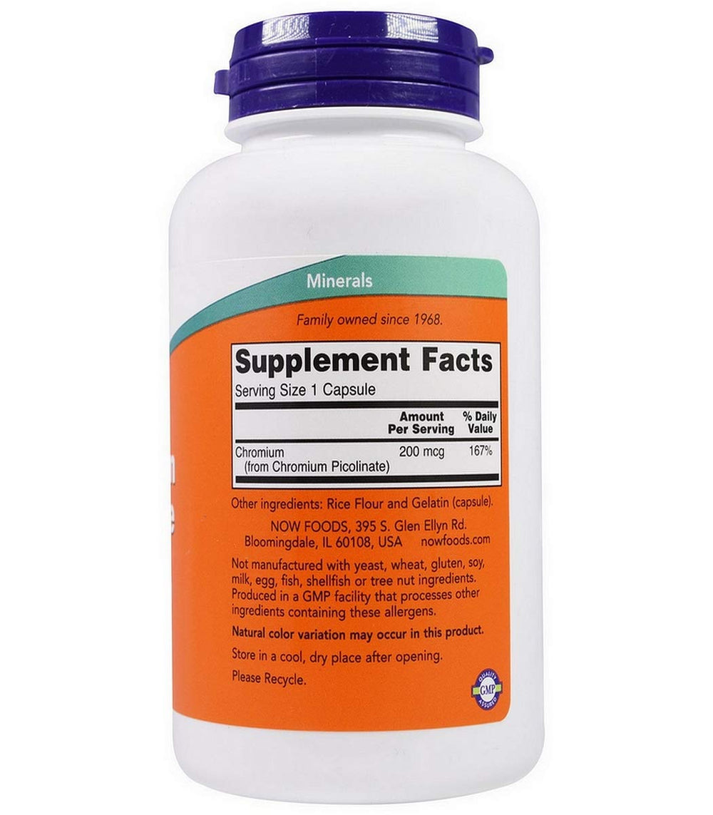 NOW Foods Chromium Picolinate capsules shown in a bottle for easy daily use and mineral support.