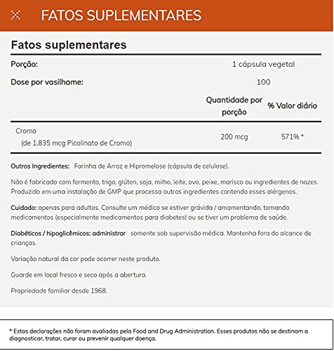 Close-up of the NOW Foods Chromium Picolinate label with 200 mcg and gluten-free details.