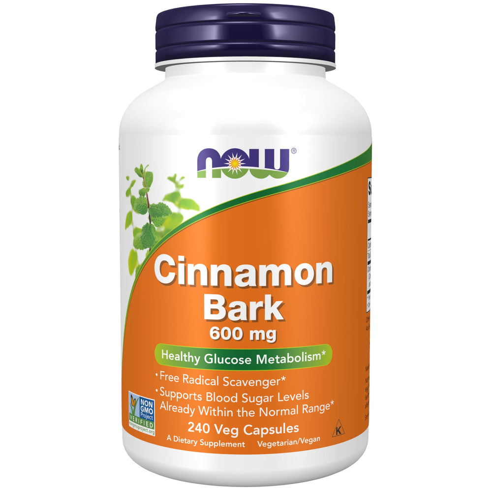 NOW Foods Cinnamon Bark 600 mg bottle front for everyday wellness and antioxidant support