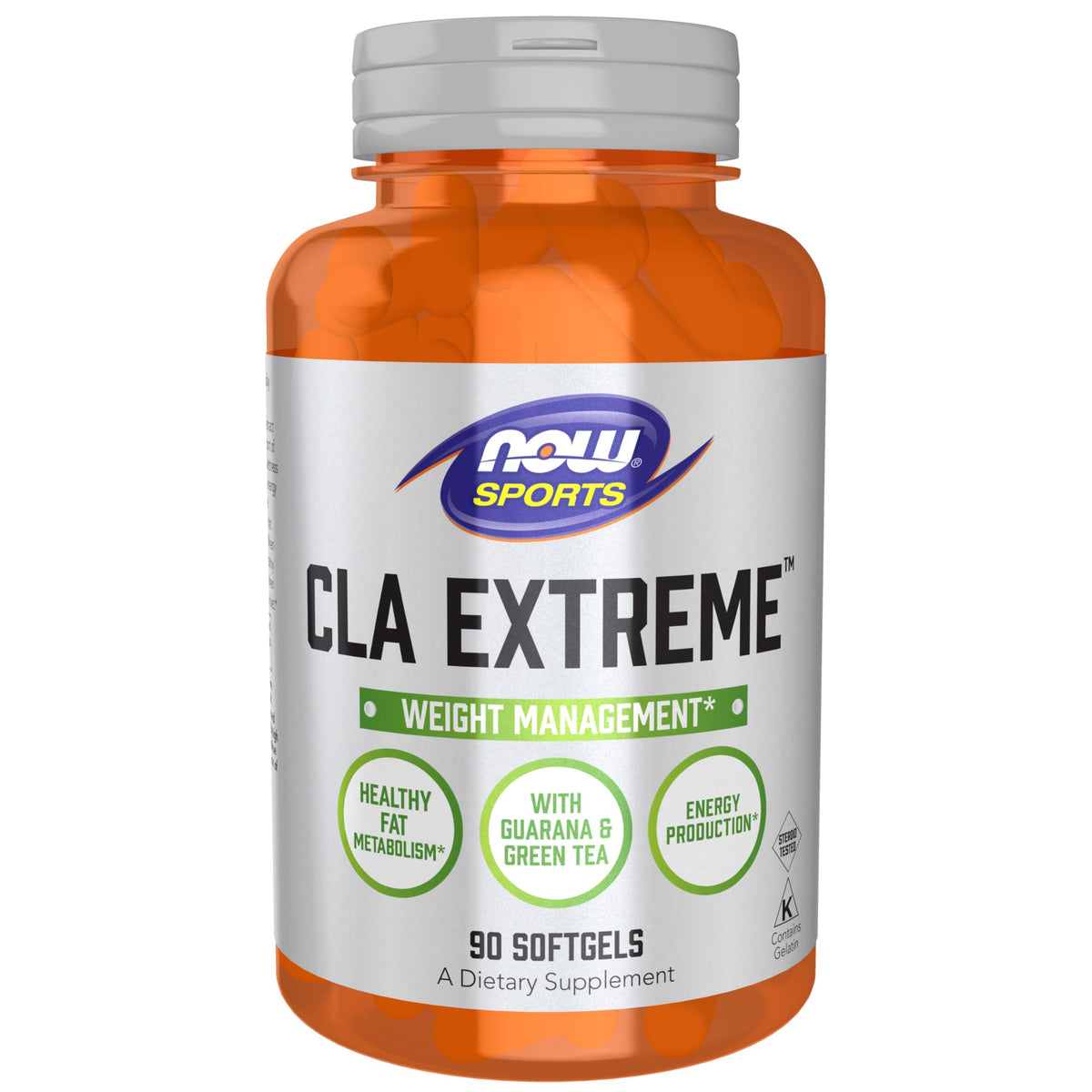 NOW Foods CLA Extreme bottle front shows active lifestyle support with CLA, guarana, and green tea.