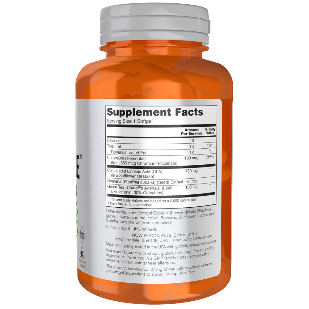 NOW Foods CLA Extreme capsules closeup highlights easy-to-take softgels for workouts.