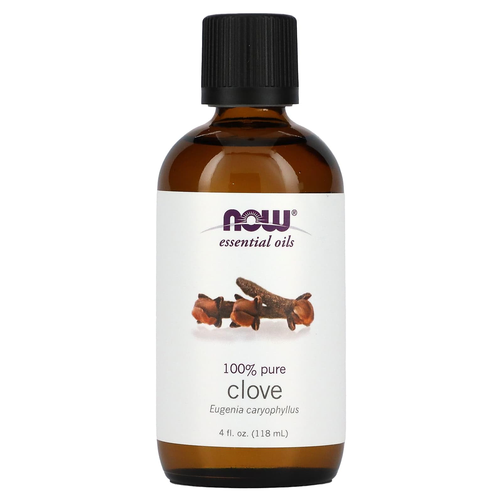 NOW Foods Clove Oil label close-up showing purity details.