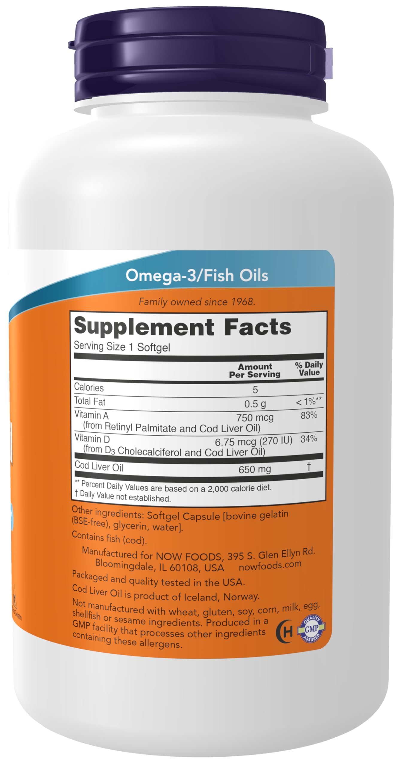 NOW Foods Cod Liver Oil bottle highlighting EPA and DHA content for heart health