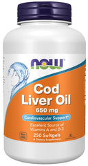 NOW Foods Cod Liver Oil softgels close-up showing 650 mg dosage for daily wellness