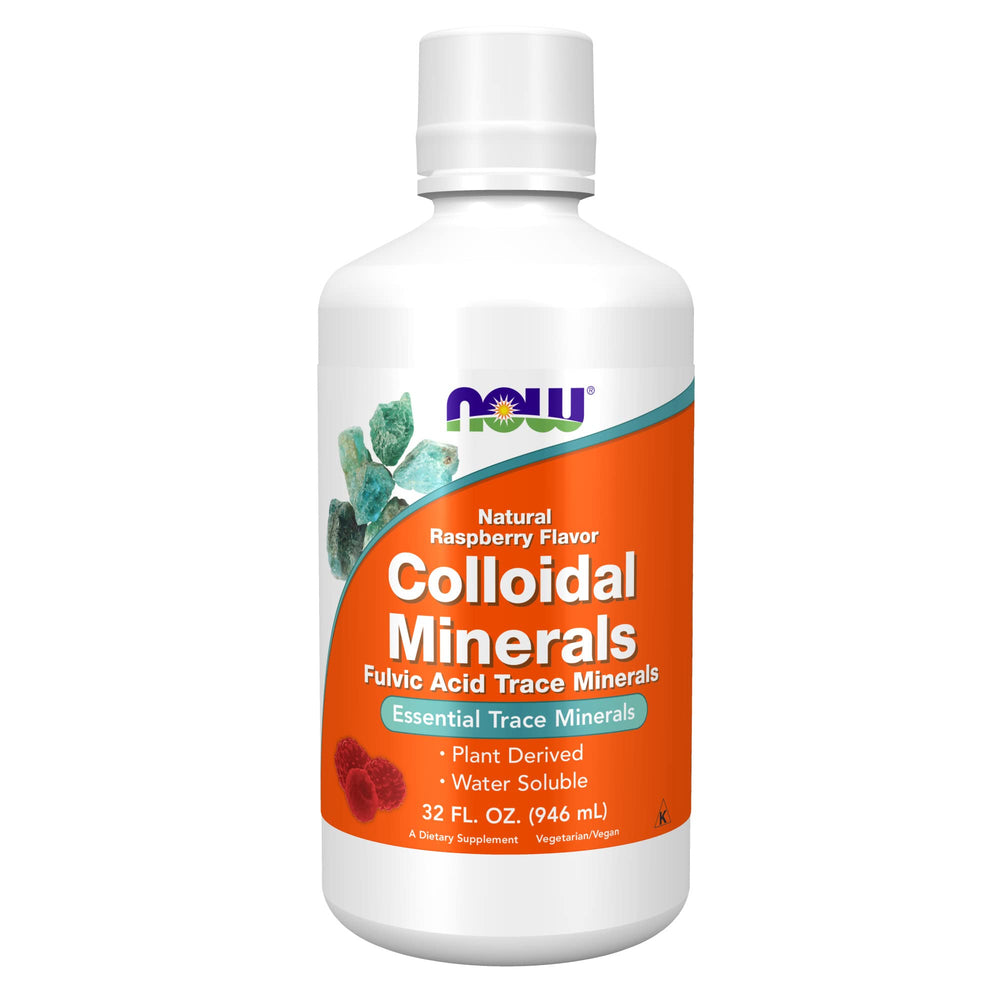 NOW Foods raspberry colloidal minerals bottle front view highlighting daily mineral support